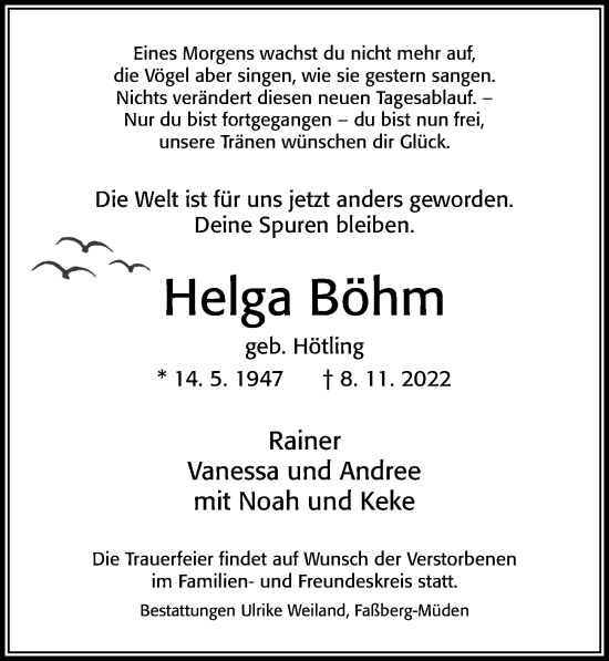 Traueranzeige von Helga Böhm von Cellesche Zeitung