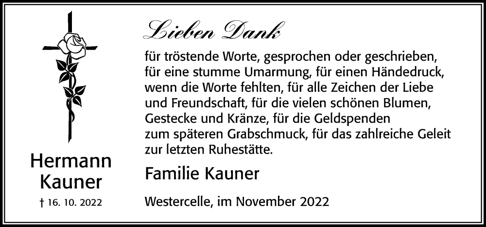  Traueranzeige für Hermann Kauner vom 26.11.2022 aus Cellesche Zeitung