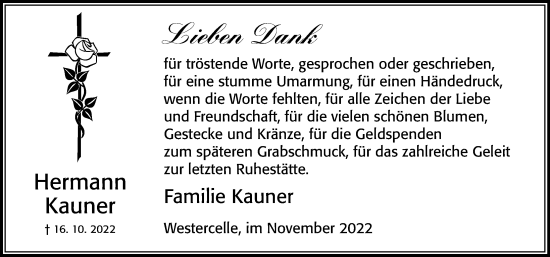 Traueranzeige von Hermann Kauner von Cellesche Zeitung