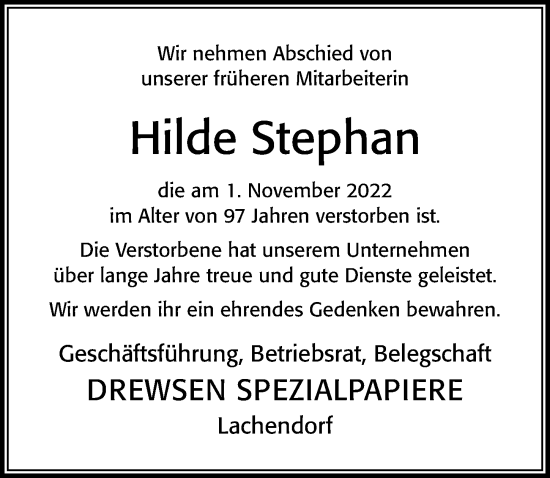Traueranzeige von Hilde Stephan von Cellesche Zeitung