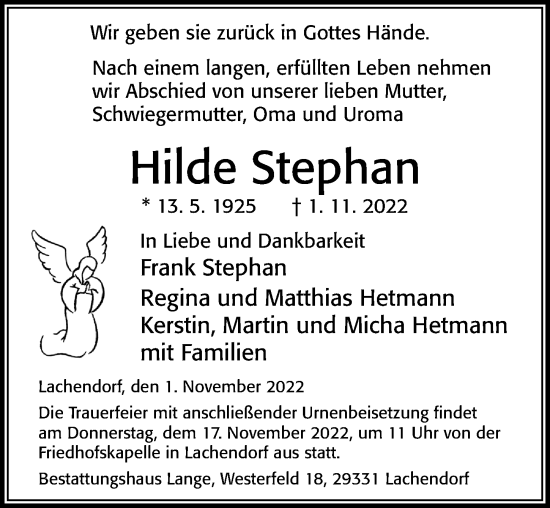 Traueranzeige von Hilde Stephan von Cellesche Zeitung