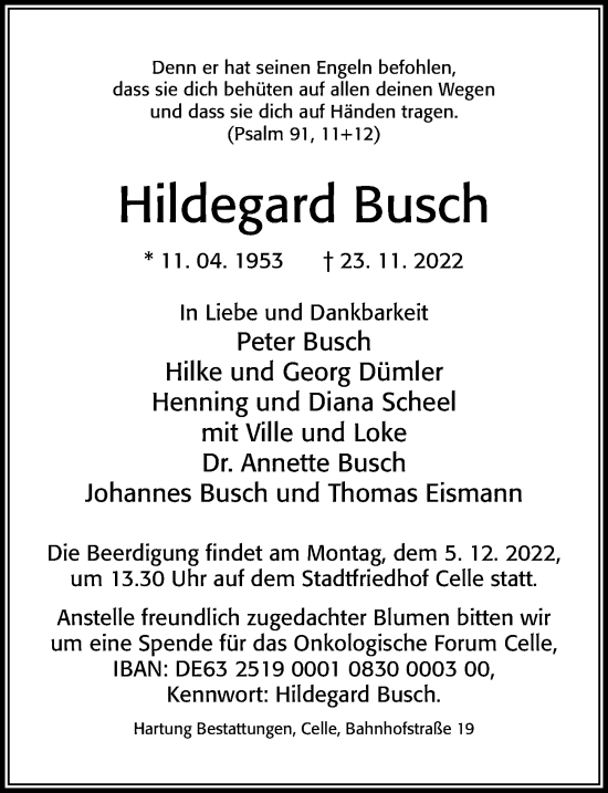 Traueranzeige von Hildegard Busch von Cellesche Zeitung