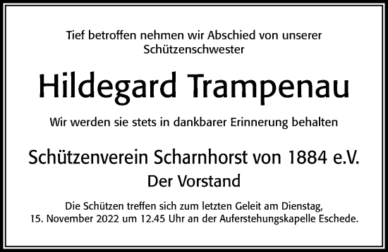 Traueranzeige von Hildegard Trampenau von Cellesche Zeitung