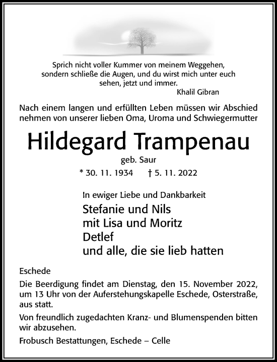 Traueranzeige von Hildegard Trampenau von Cellesche Zeitung