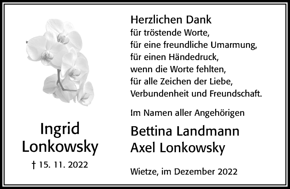  Traueranzeige für Ingrid Lonkowsky vom 26.11.2022 aus Cellesche Zeitung