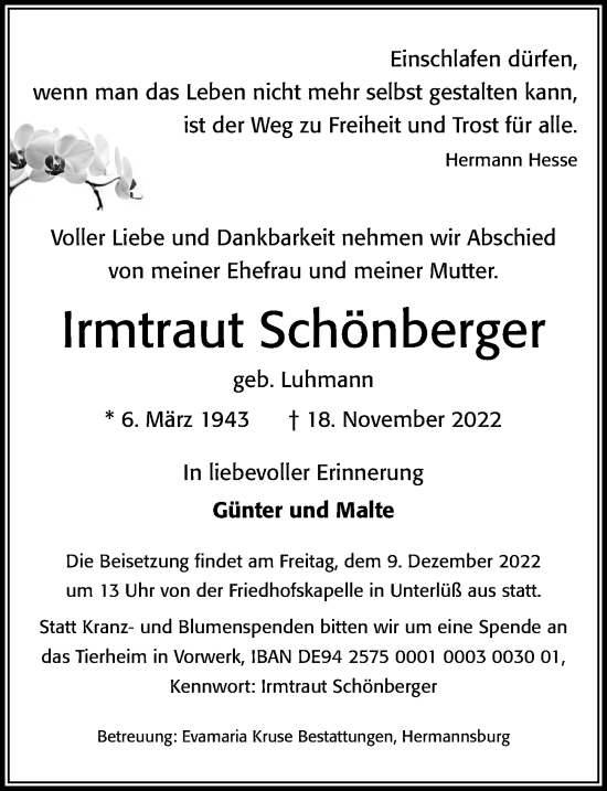 Traueranzeige von Irmtraut Schönberger von Cellesche Zeitung