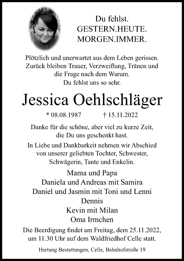  Traueranzeige für Jessica Oehlschläger vom 22.11.2022 aus Cellesche Zeitung