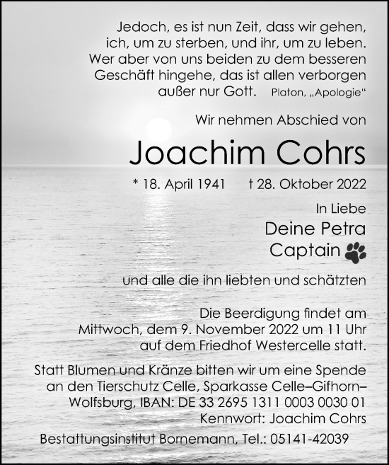 Traueranzeige von Joachim Cohrs von Cellesche Zeitung