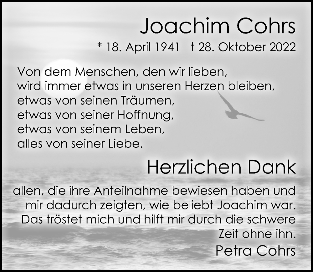  Traueranzeige für Joachim Cohrs vom 26.11.2022 aus Cellesche Zeitung