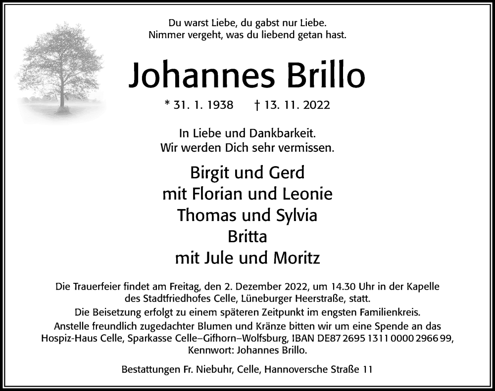  Traueranzeige für Johannes Brillo vom 19.11.2022 aus Cellesche Zeitung