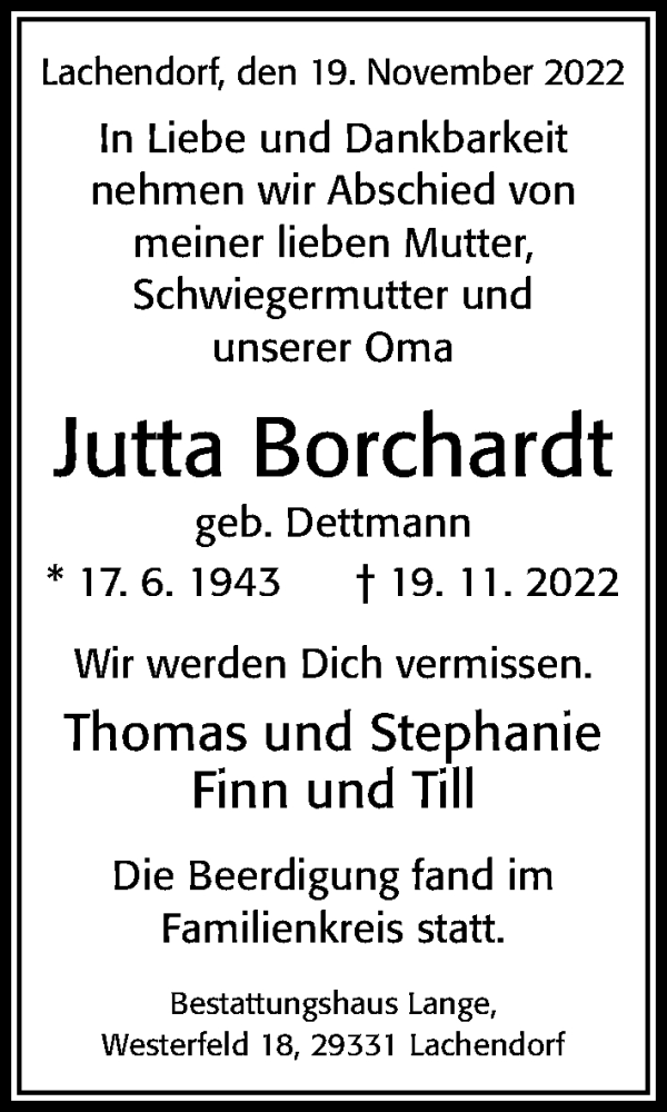  Traueranzeige für Jutta Borchardt vom 26.11.2022 aus Cellesche Zeitung