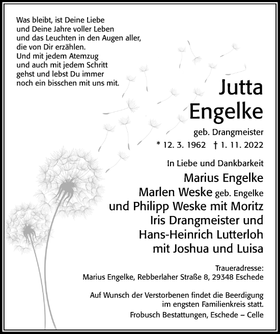 Traueranzeige von Jutta Engelke von Cellesche Zeitung