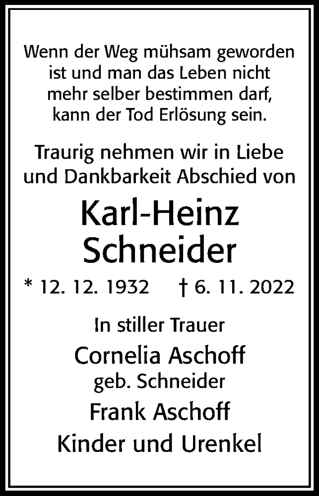  Traueranzeige für Karl-Heinz Schneider vom 21.11.2022 aus Cellesche Zeitung