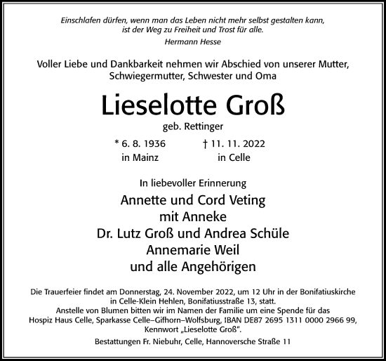 Traueranzeige von Lieselotte Groß von Cellesche Zeitung