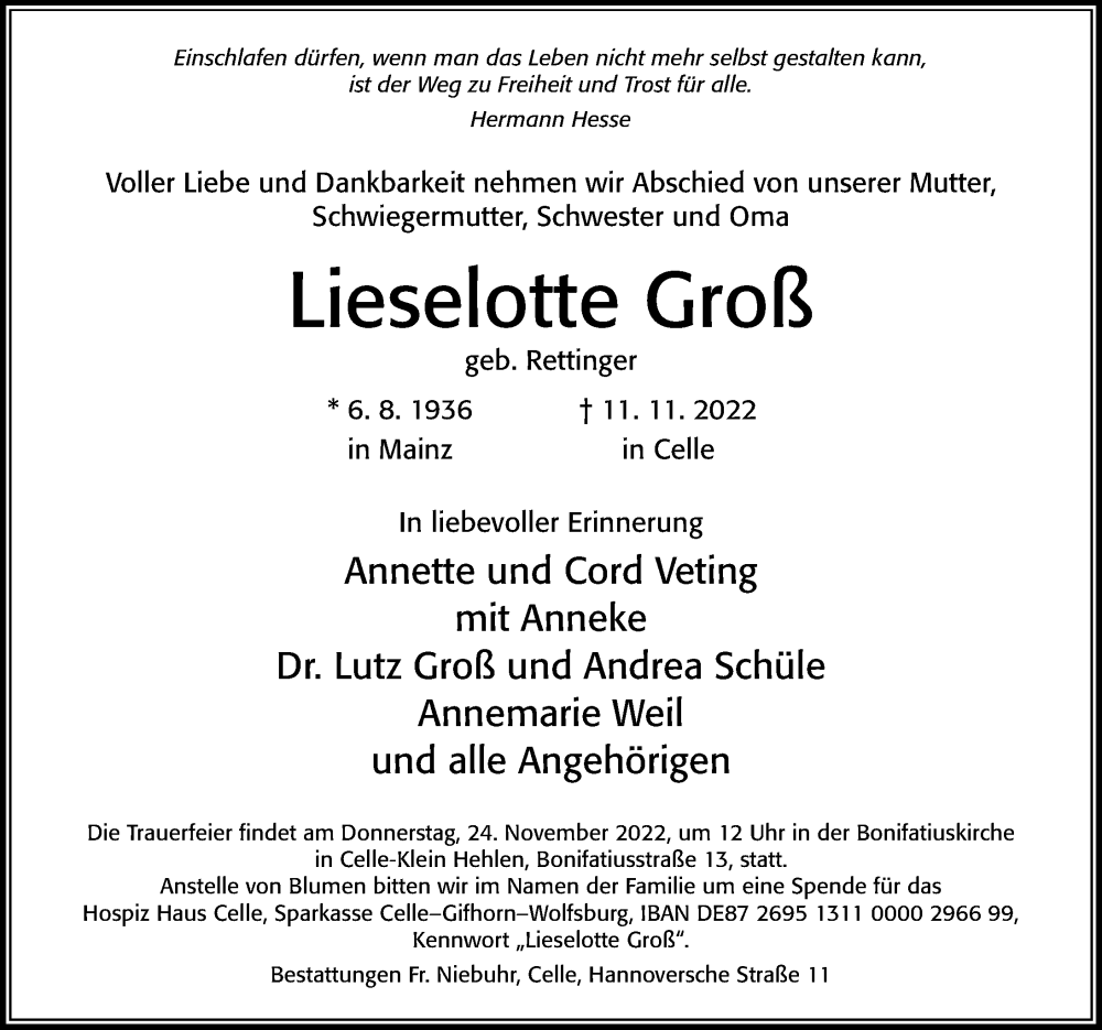  Traueranzeige für Lieselotte Groß vom 19.11.2022 aus Cellesche Zeitung