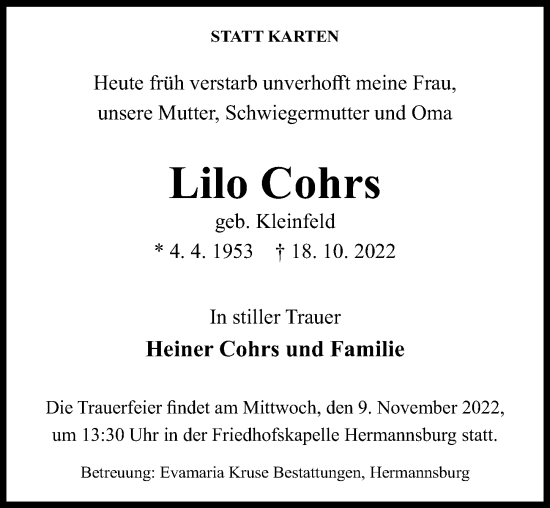 Traueranzeige von Lilo Cohrs von Cellesche Zeitung