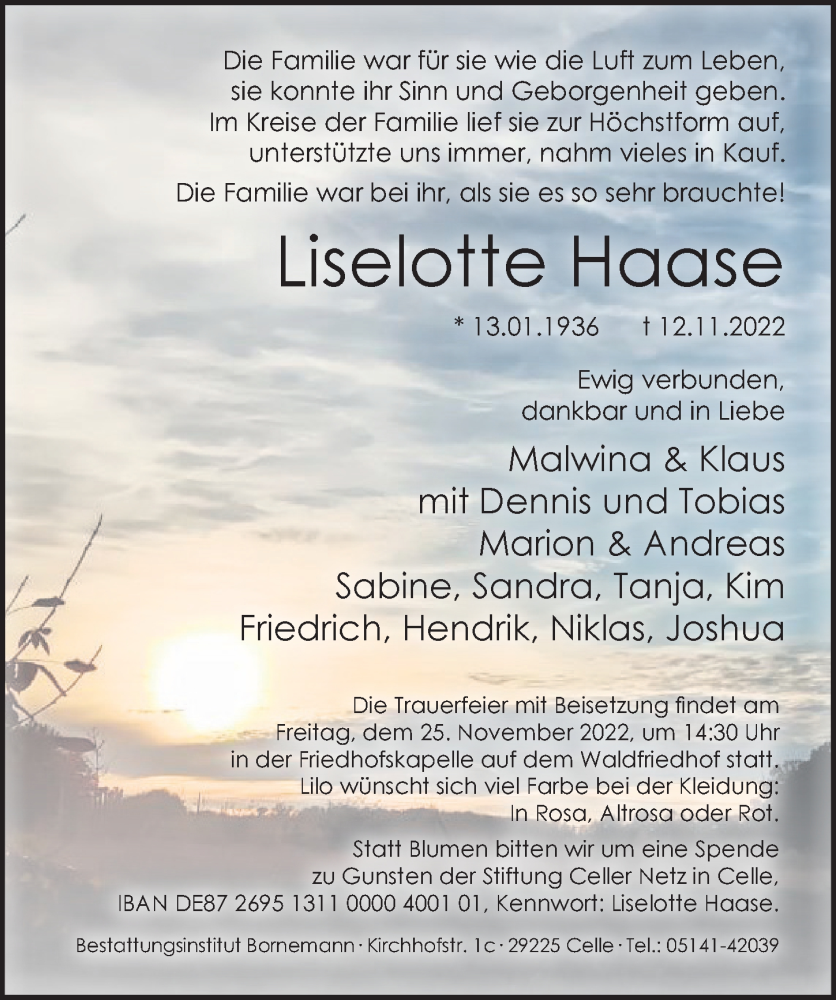  Traueranzeige für Liselotte Haase vom 19.11.2022 aus Cellesche Zeitung