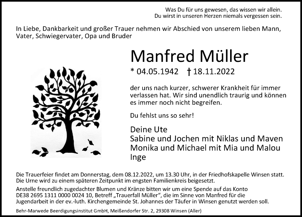  Traueranzeige für Manfred Müller vom 26.11.2022 aus Cellesche Zeitung