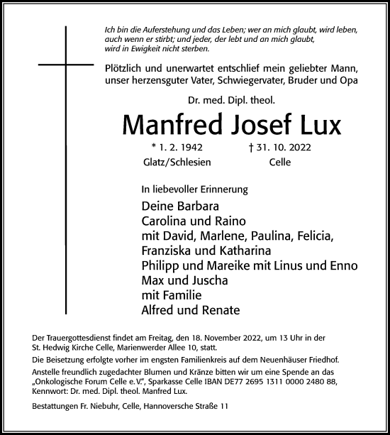 Traueranzeige von Manfred Josef Lux von Cellesche Zeitung