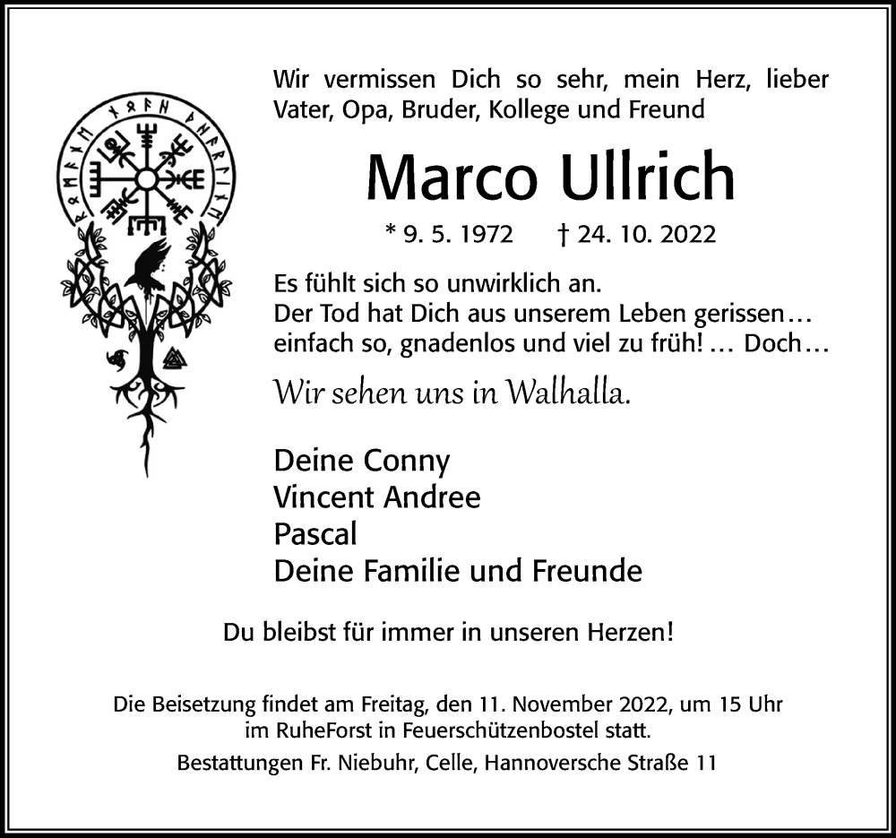  Traueranzeige für Marco Ullrich vom 05.11.2022 aus Cellesche Zeitung