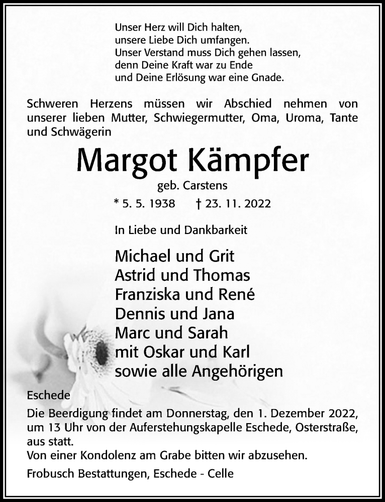  Traueranzeige für Margot Kämpfer vom 26.11.2022 aus Cellesche Zeitung