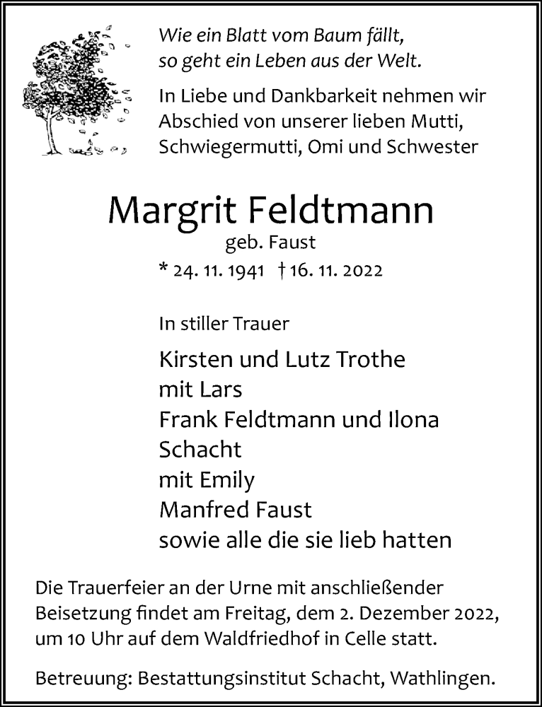  Traueranzeige für Margrit Feldtmann vom 26.11.2022 aus Cellesche Zeitung