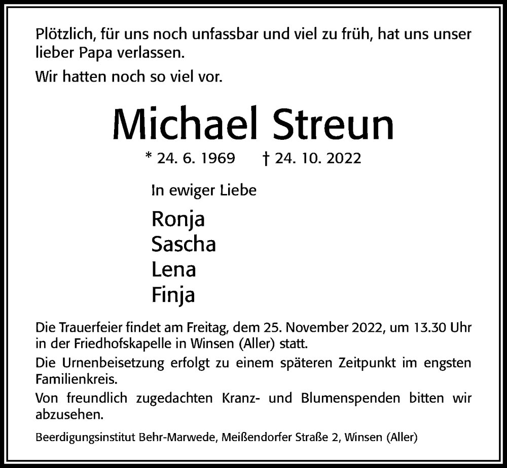  Traueranzeige für Michael Streun vom 19.11.2022 aus Cellesche Zeitung