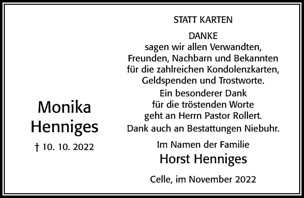  Traueranzeige für Monika Henniges vom 12.11.2022 aus Cellesche Zeitung