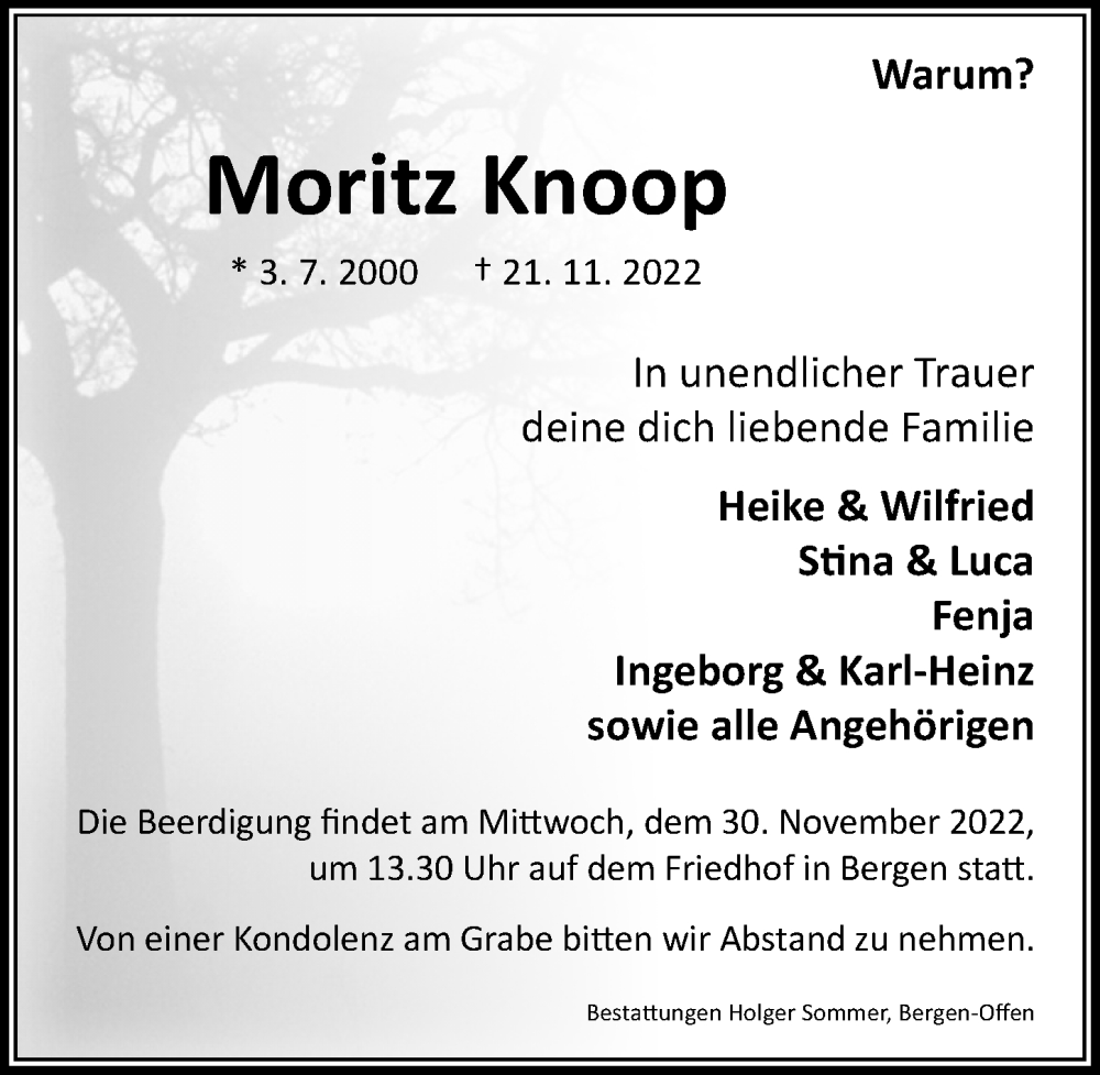  Traueranzeige für Moritz Knoop vom 26.11.2022 aus Cellesche Zeitung