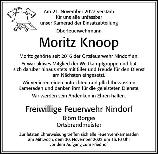 Traueranzeige von Moritz Knoop von Cellesche Zeitung