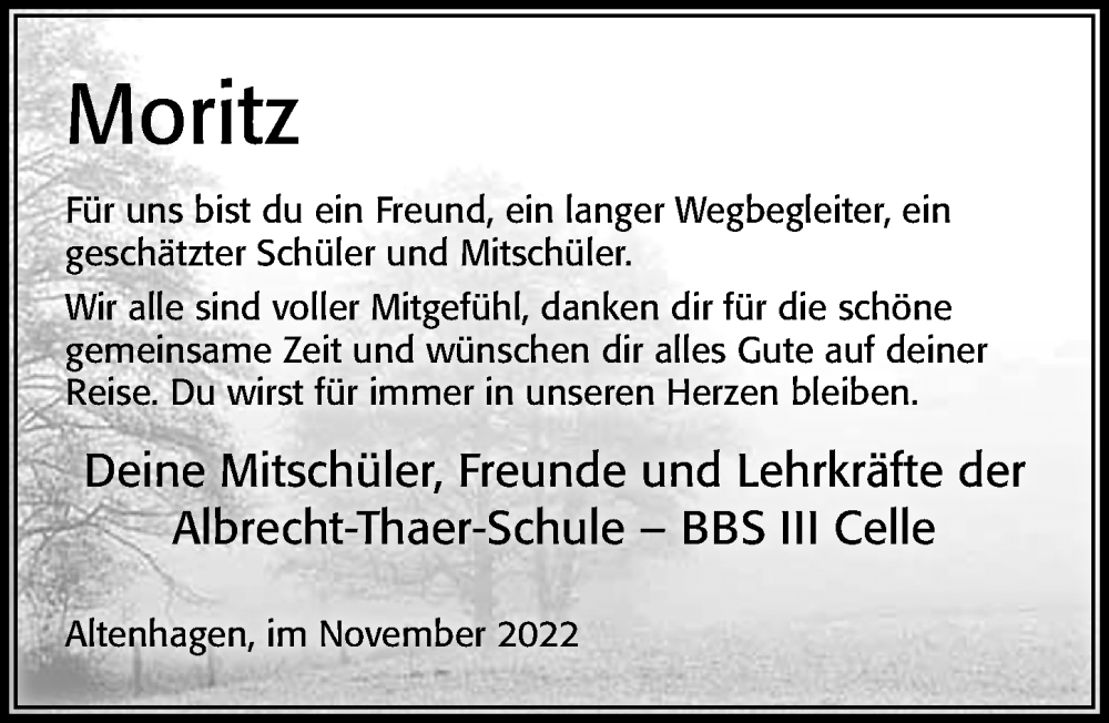  Traueranzeige für Moritz Knoop vom 26.11.2022 aus Cellesche Zeitung