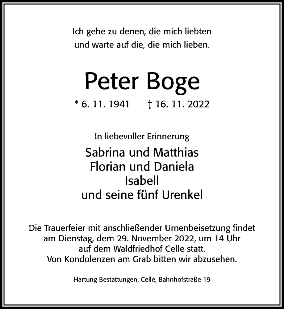  Traueranzeige für Peter Boge vom 26.11.2022 aus Cellesche Zeitung
