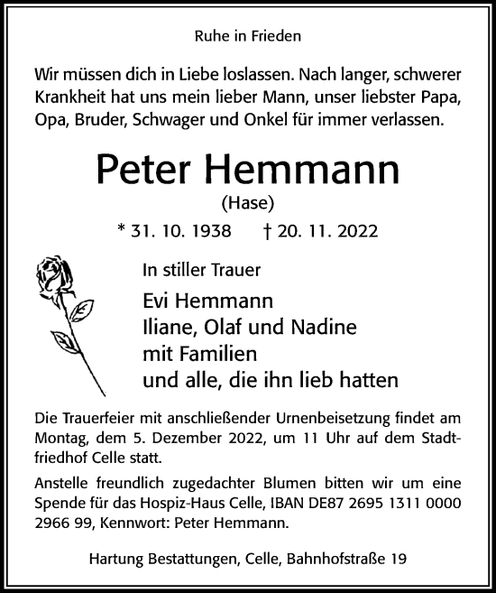 Traueranzeige von Peter Hemmann von Cellesche Zeitung