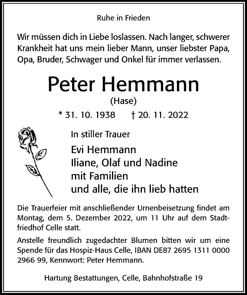  Traueranzeige für Peter Hemmann vom 26.11.2022 aus Cellesche Zeitung