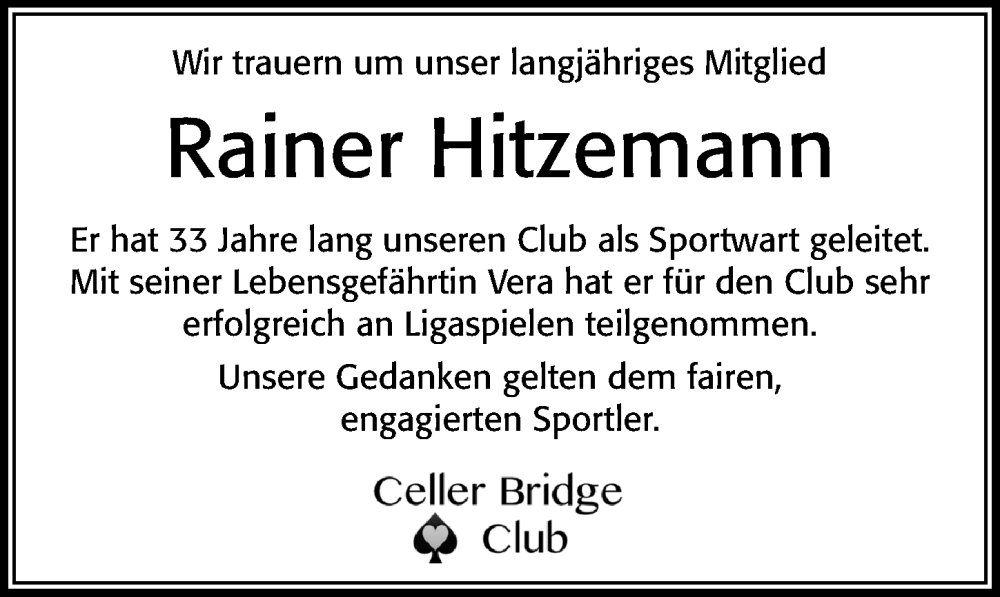  Traueranzeige für Rainer Hitzemann vom 24.11.2022 aus Cellesche Zeitung