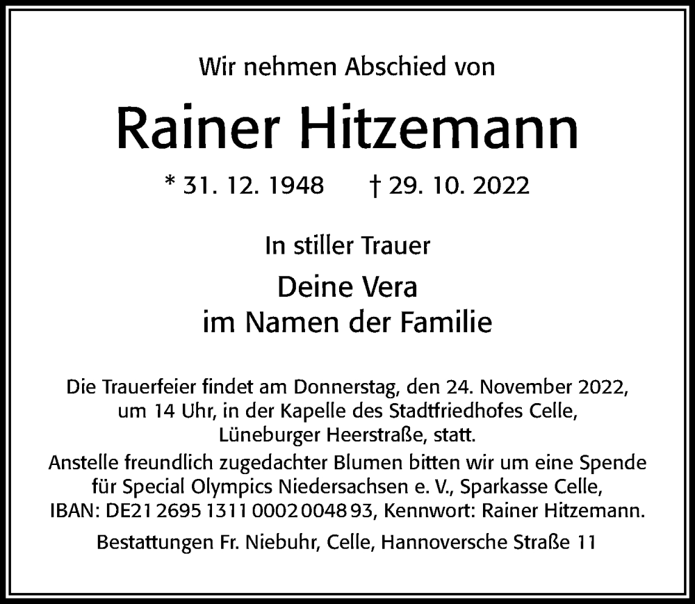  Traueranzeige für Rainer Hitzemann vom 12.11.2022 aus Cellesche Zeitung