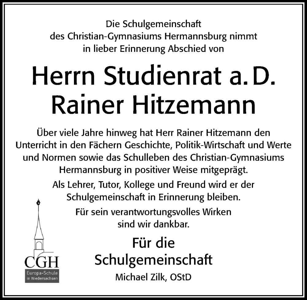  Traueranzeige für Rainer Hitzemann vom 19.11.2022 aus Cellesche Zeitung