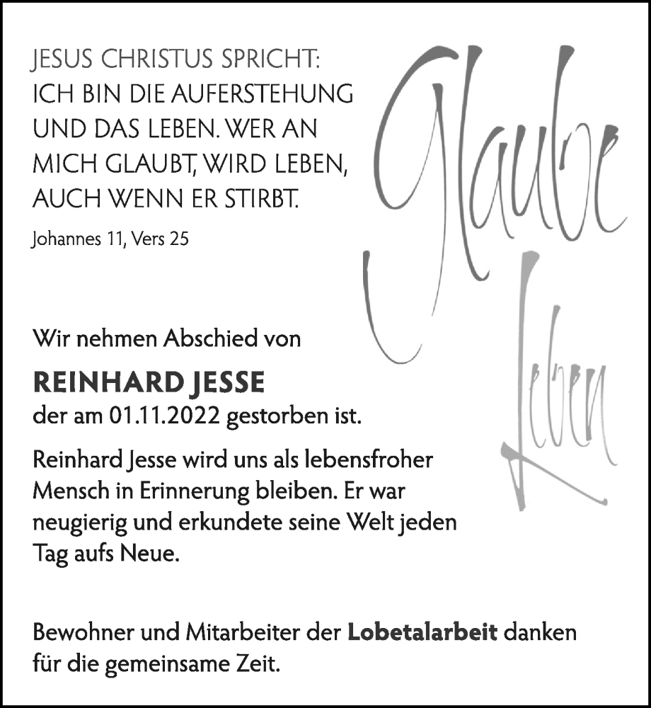  Traueranzeige für Reinhard Jesse vom 19.11.2022 aus Cellesche Zeitung