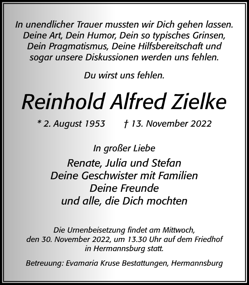  Traueranzeige für Reinhold Alfred Zielke vom 26.11.2022 aus Cellesche Zeitung