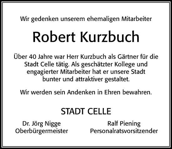 Traueranzeige von Robert Kurzbuch von Cellesche Zeitung