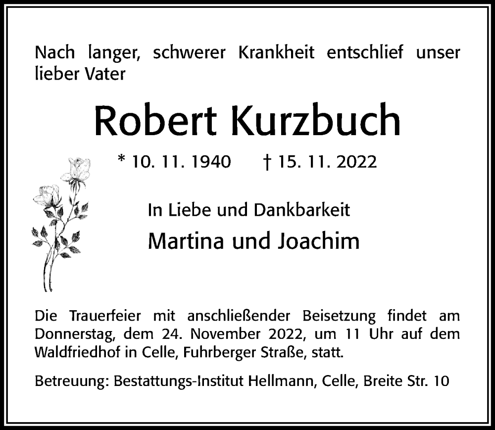  Traueranzeige für Robert Kurzbuch vom 19.11.2022 aus Cellesche Zeitung