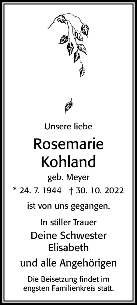 Traueranzeige von Rosemarie Kohland von Cellesche Zeitung