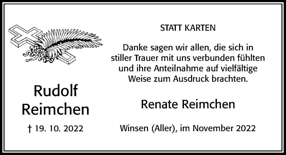  Traueranzeige für Rudolf Reimchen vom 26.11.2022 aus Cellesche Zeitung