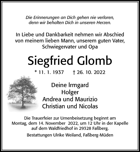 Traueranzeige von Siegfried Glomb von Cellesche Zeitung