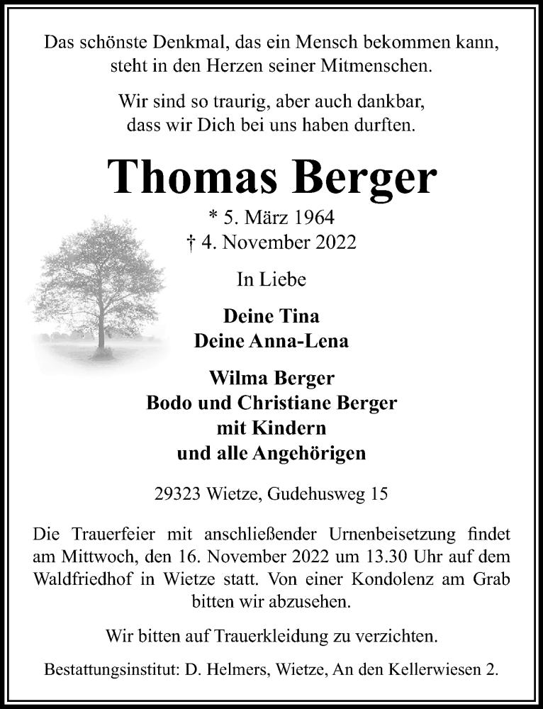 Traueranzeige für Thomas Berger vom 08.11.2022 aus Cellesche Zeitung