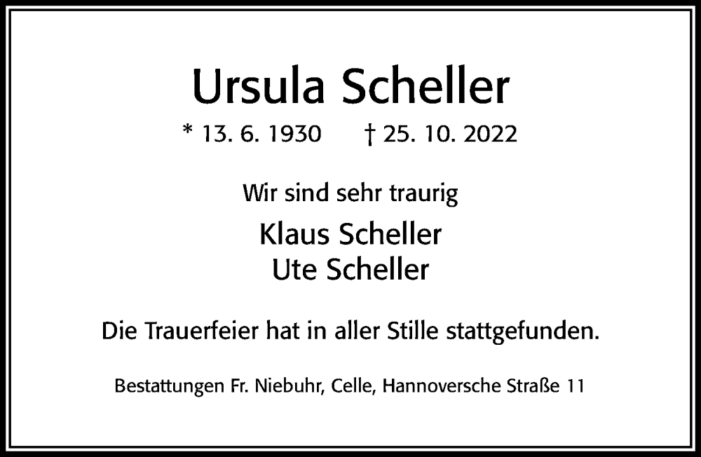  Traueranzeige für Ursula Scheller vom 16.11.2022 aus Cellesche Zeitung