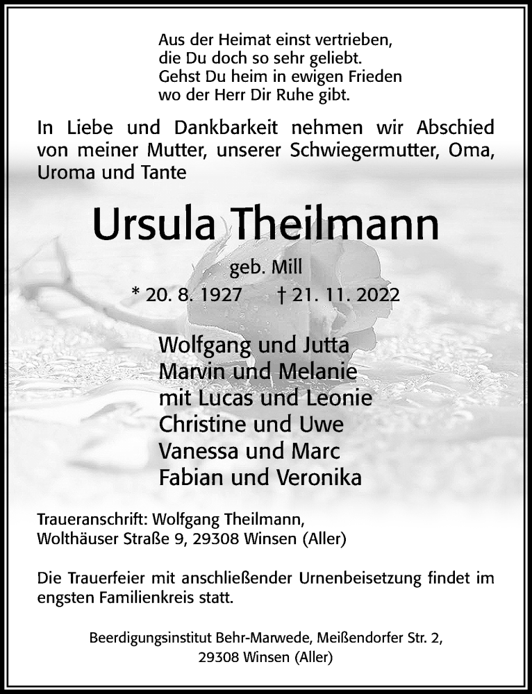  Traueranzeige für Ursula Theilmann vom 26.11.2022 aus Cellesche Zeitung
