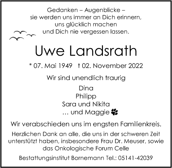 Traueranzeige von Uwe Landsrath von Cellesche Zeitung