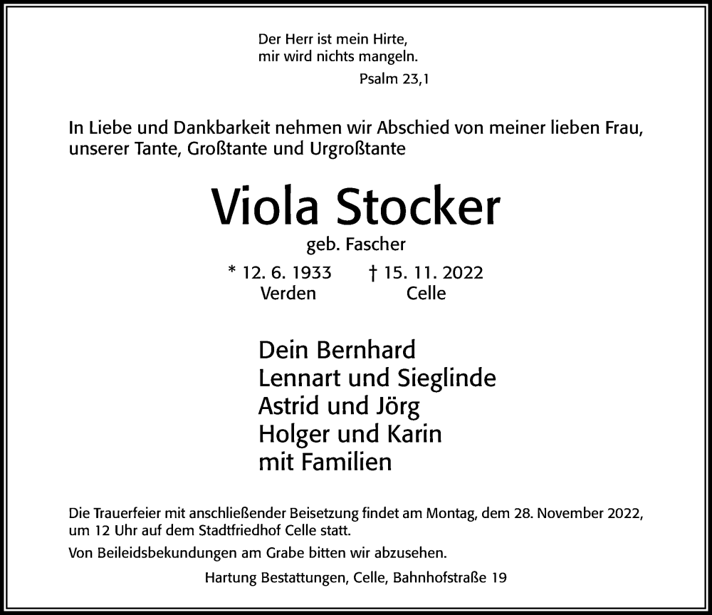  Traueranzeige für Viola Stocker vom 23.11.2022 aus Cellesche Zeitung