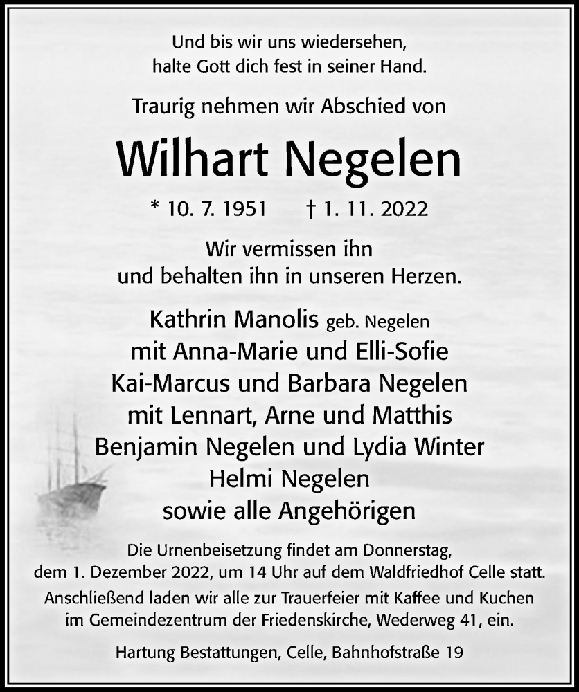  Traueranzeige für Wilhart Negelen vom 26.11.2022 aus Cellesche Zeitung